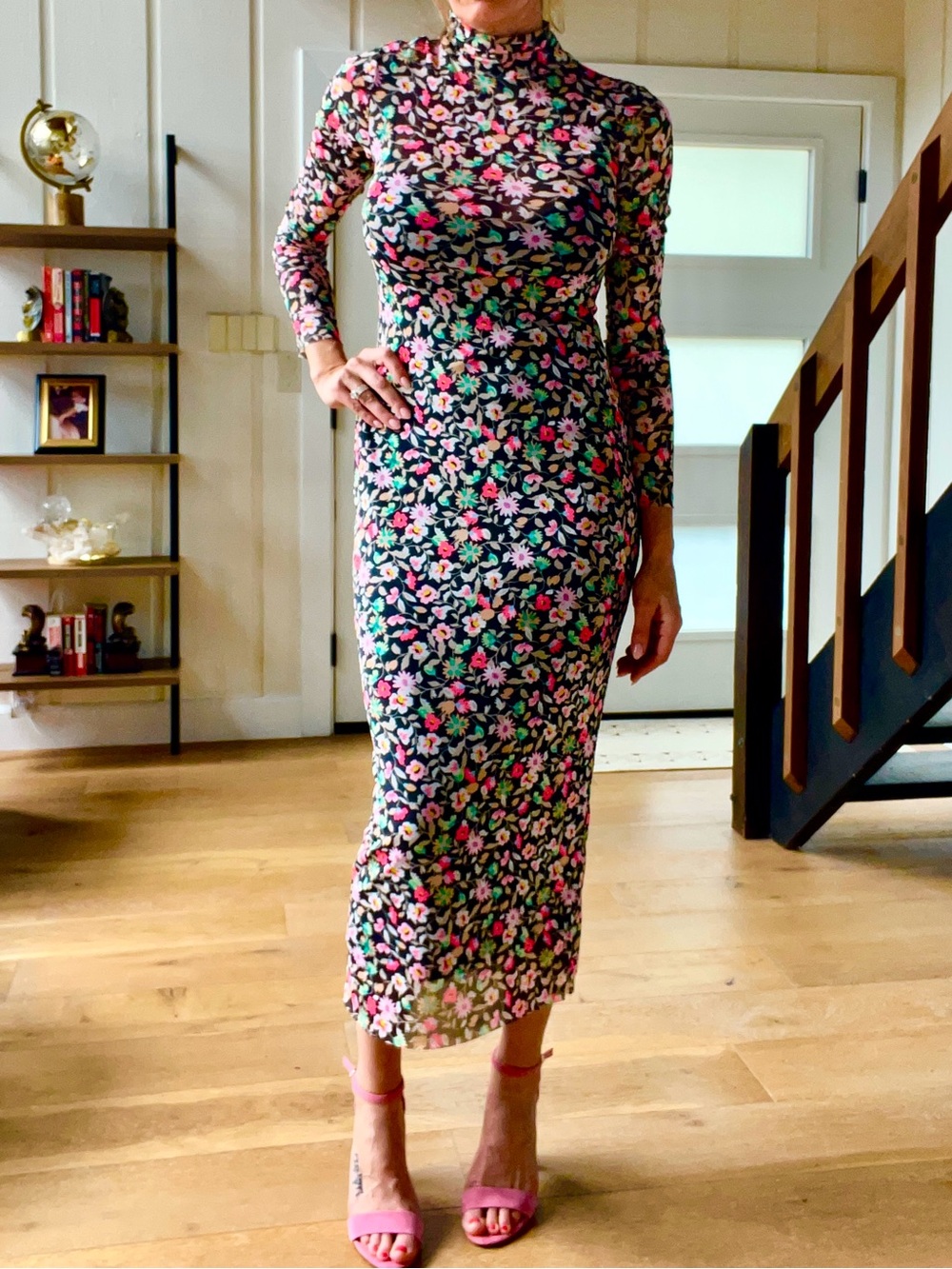 AFRM Floral Long-Sleeve Mock Neck Midi Dress in Multi Pink and Green